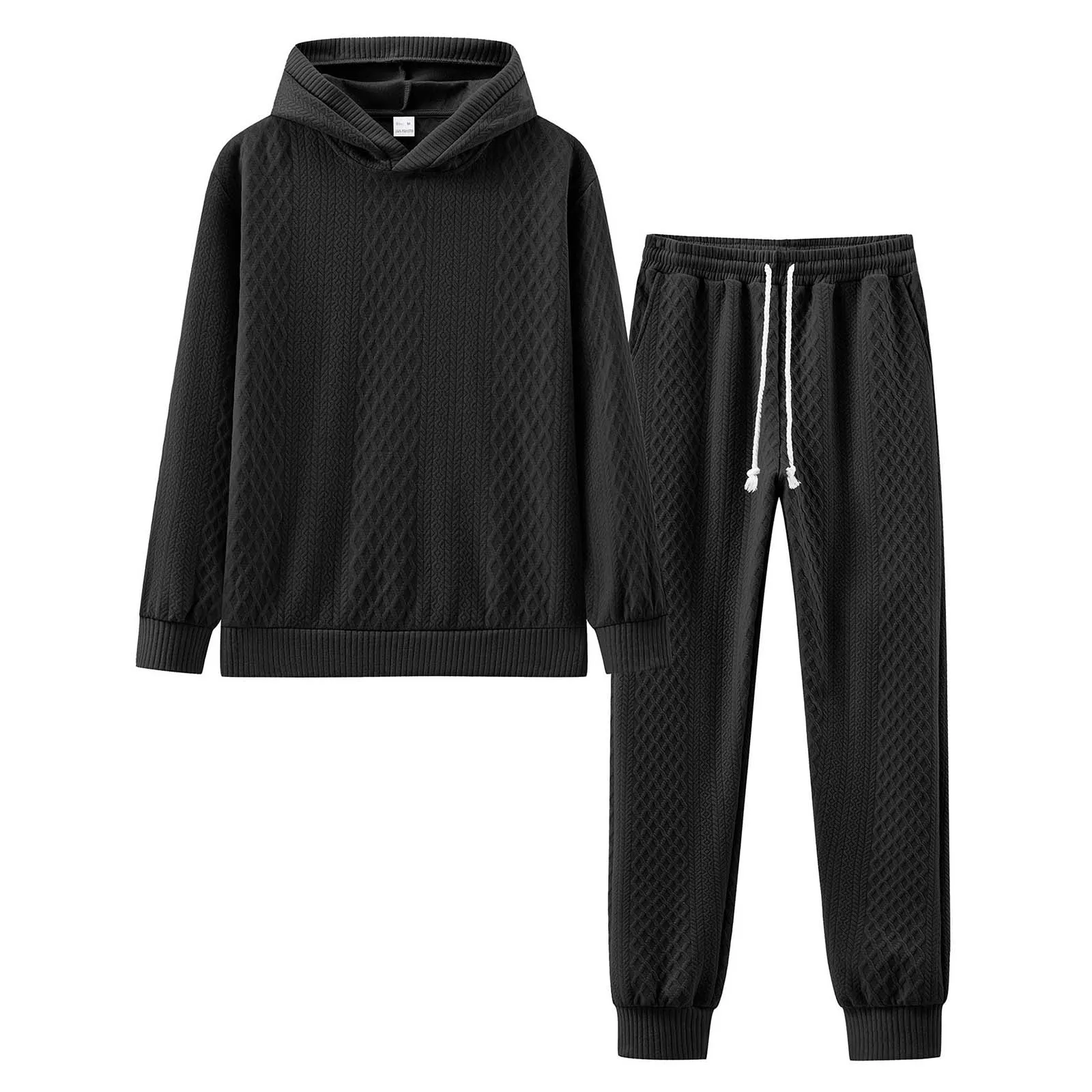 Men'S Hoodie Pants Set Solid Color Knitted Jacquard Hooded Sweater Elastic Waist Tie Leg Casual Men'S Oversize Trouser Suit - Image 3