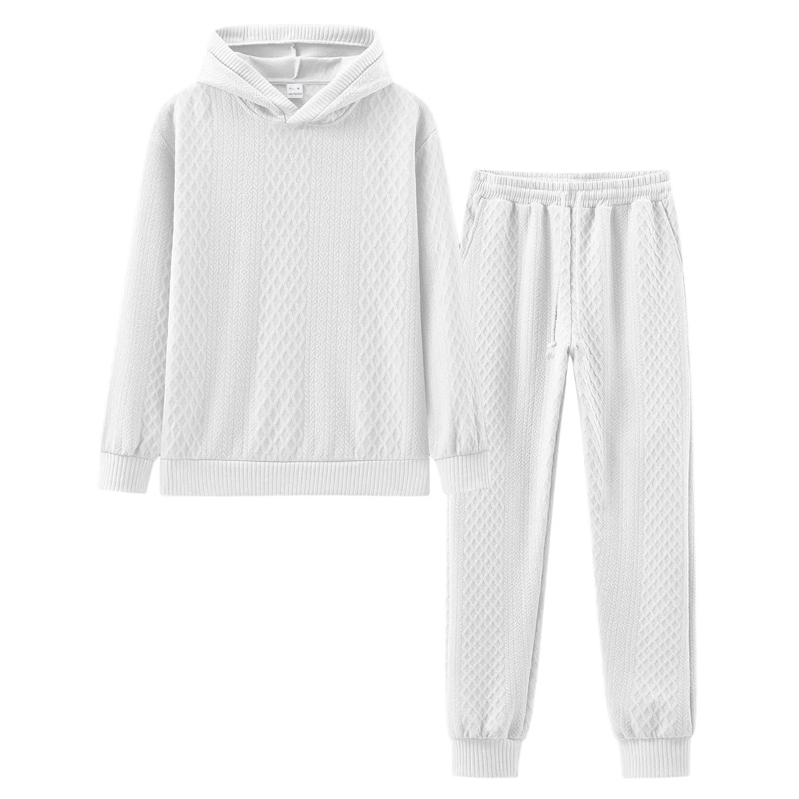 Men'S Hoodie Pants Set Solid Color Knitted Jacquard Hooded Sweater Elastic Waist Tie Leg Casual Men'S Oversize Trouser Suit - Image 4
