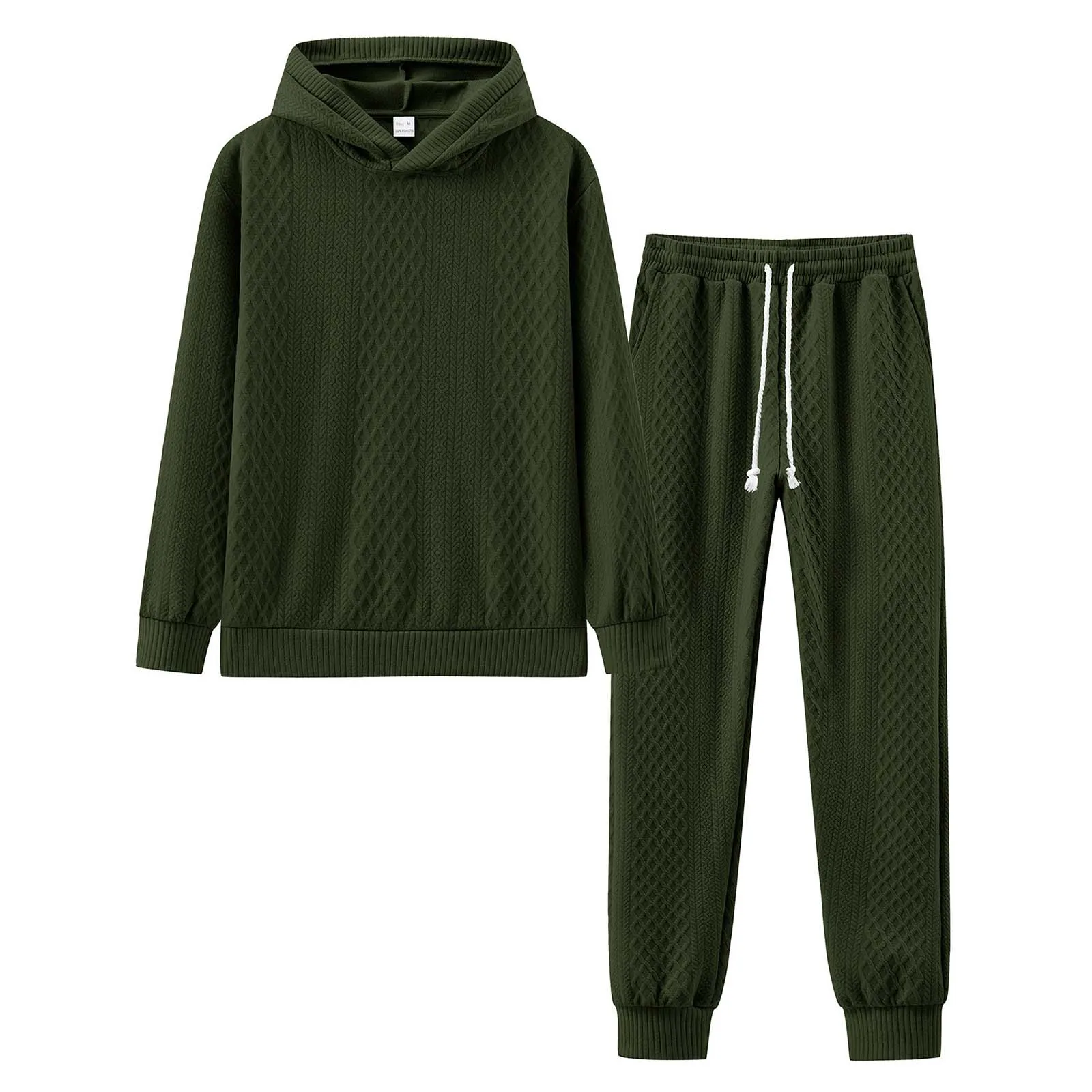 Men'S Hoodie Pants Set Solid Color Knitted Jacquard Hooded Sweater Elastic Waist Tie Leg Casual Men'S Oversize Trouser Suit