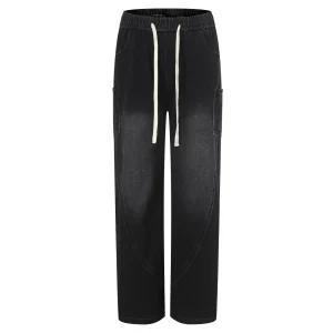 Men'S Loose Straight Fit Distressed Wash Pocket Workwear Wide Leg Jeans Solid Color Light Blue Pants