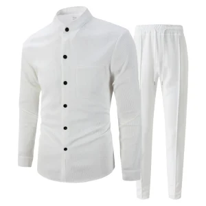 Men'S Solid Color Stand Knitted Cardigan Shirt Pants Set Long Sleeve Long Pants Set Elastic Waist Pants Ensemble Homme