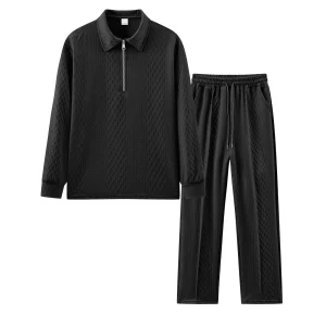 Men'S Sportswear Pants Set Solid Color Knitted Jacquard Long Sleeve Zipper Top Elastic Waist Lace Straight Trousers Casual Suit