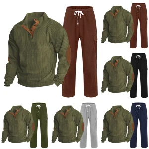 Men Women Autumn Winter Pants Set Fashion Casual Half Button Patchwork Color Printed Sweater Pants Sports Suit Men'S Clothes