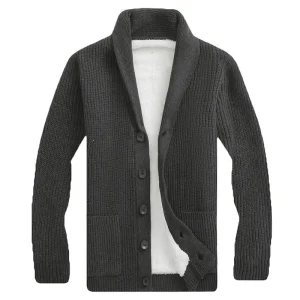Men's 2025 Fall Winter Fleece Lined Knit Cardigan, Collar Casual Jacket, Warm Sweater Outwear for Men