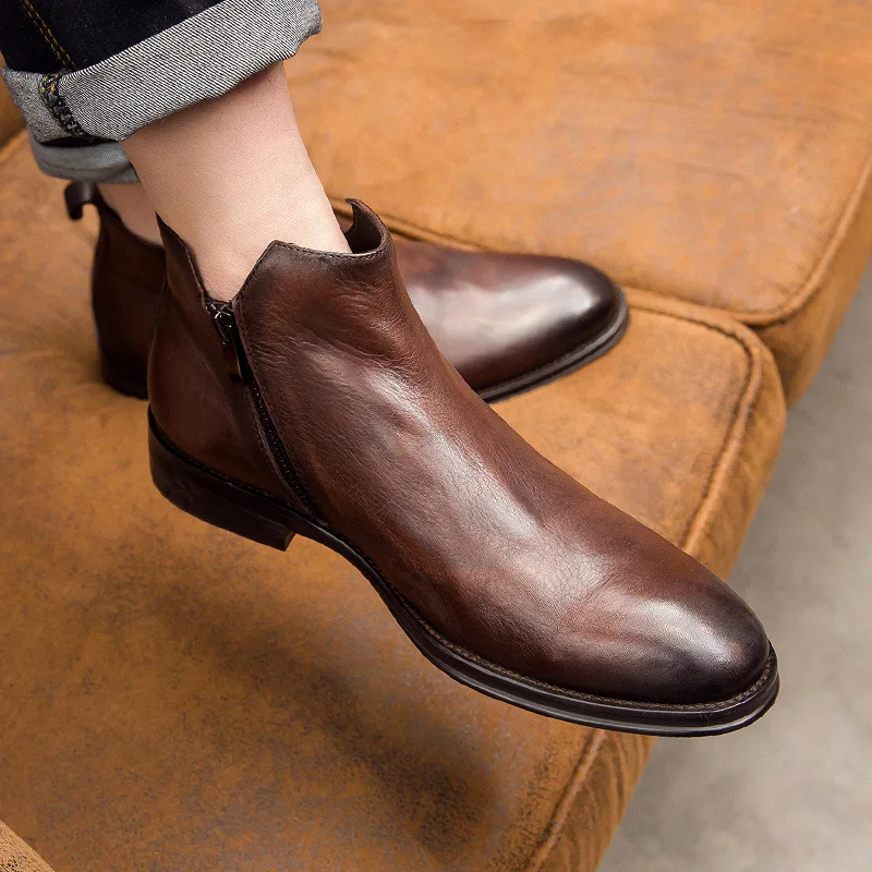 Men's Classic Retro Genuine Leather Chelsea Boots Men Fashion Ankle Boot Mens Casual British Style Short Boot High-Top Shoes - Image 4