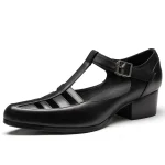 Men's Sandals Ankle Strap Black Leather Soft Soled Non-Slip Beach Shoes Summer Cowhide Sandals Male 5Cm High Heeled Sandalias