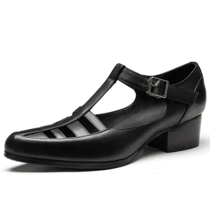 Men's Sandals Ankle Strap Black Leather Soft Soled Non-Slip Beach Shoes Summer Cowhide Sandals Male 5Cm High Heeled Sandalias