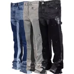 Men's Stretch Cargo Denim Pants - Patchwork Stacked Flare Jeans with Utility Style