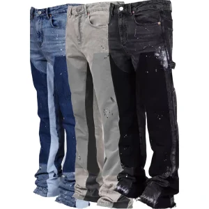 Men's Stretch Cargo Denim Pants - Patchwork Stacked Flare Jeans with Utility Style
