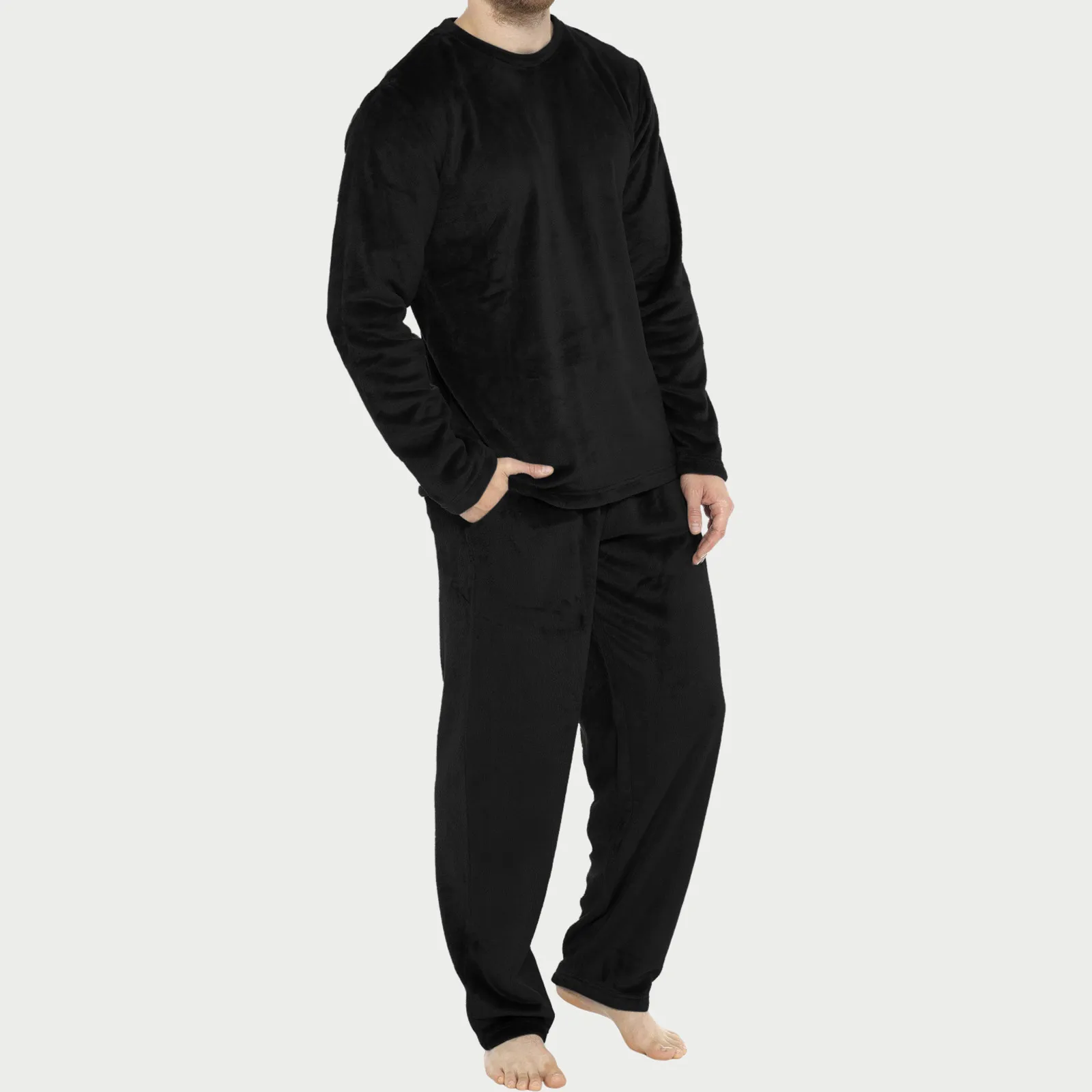 Mens Four Seasons Fashion Leisure Soft Home Solid Color Shirt Pants Pajama Set Home Service Two Piece Set Fuzzy Pajama Pants - Image 2