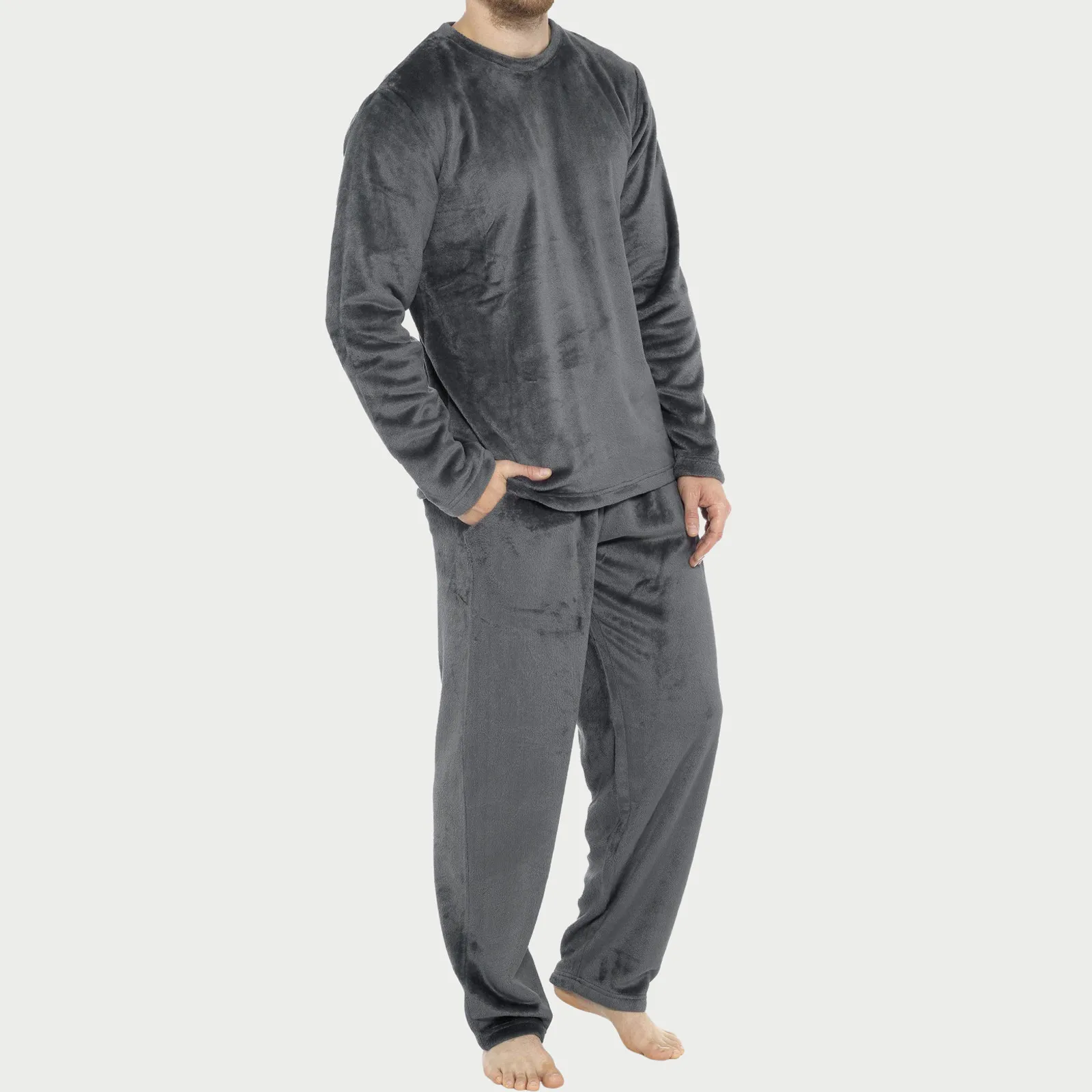 Mens Four Seasons Fashion Leisure Soft Home Solid Color Shirt Pants Pajama Set Home Service Two Piece Set Fuzzy Pajama Pants - Image 4