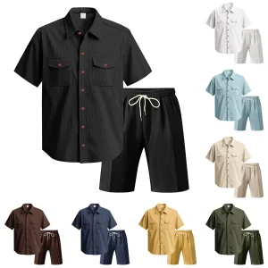 Mens Summer Single Breasted Shirt Set Turndown Collar Short Sleeved Shorts Drawstring Elastic Waist Casual Set Ensemble Homme
