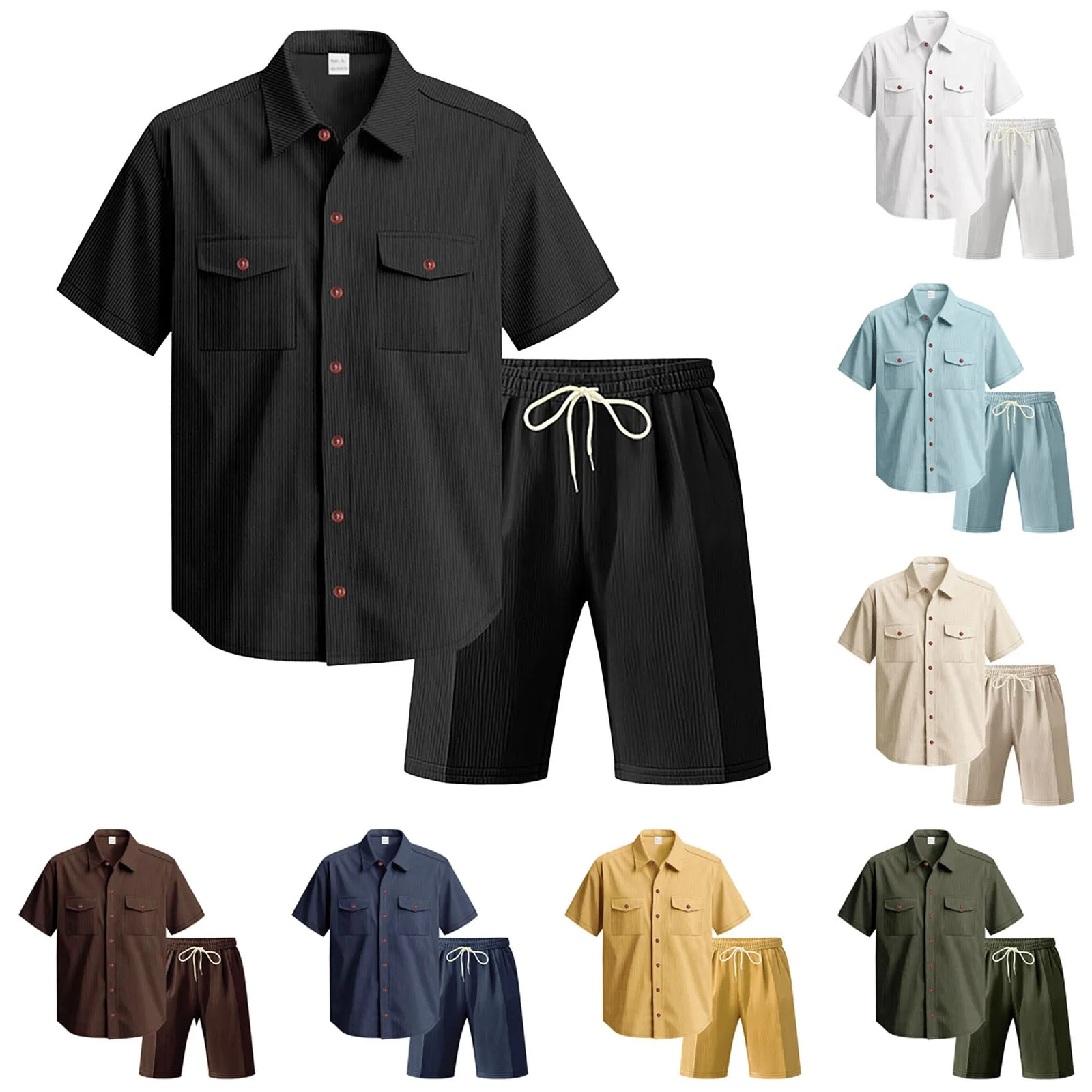 Mens Summer Single Breasted Shirt Set Turndown Collar Short Sleeved Shorts Drawstring Elastic Waist Casual Set Ensemble Homme