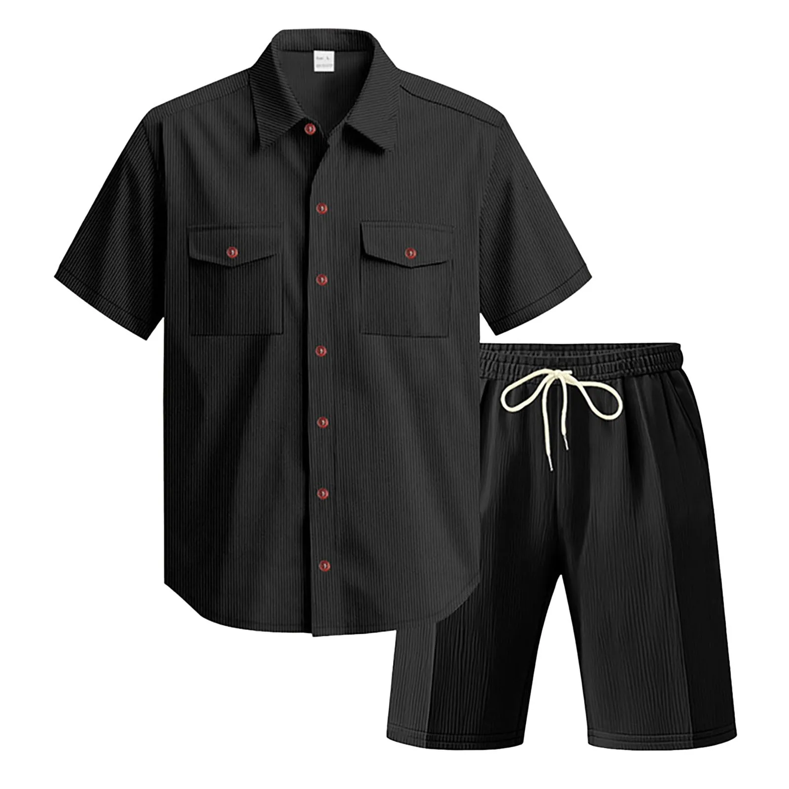 Mens Summer Single Breasted Shirt Set Turndown Collar Short Sleeved Shorts Drawstring Elastic Waist Casual Set Ensemble Homme - Image 4