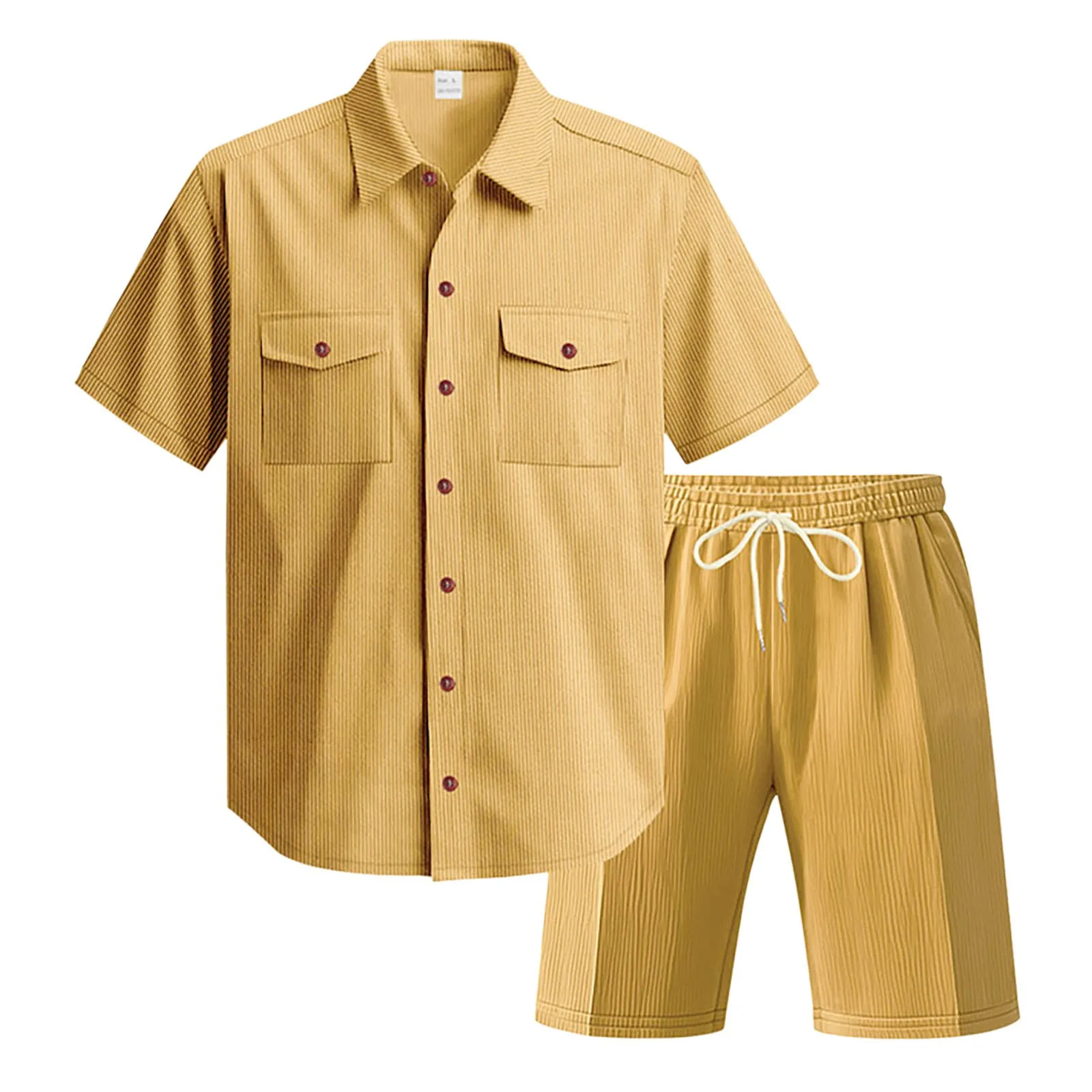 Mens Summer Single Breasted Shirt Set Turndown Collar Short Sleeved Shorts Drawstring Elastic Waist Casual Set Ensemble Homme - Image 5