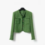 New Fashionable Elegant Retro Green High End Elegant Small Fragrant Coarse Floral Round Neck Single breasted Coat