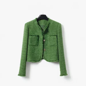 New Fashionable Elegant Retro Green High End Elegant Small Fragrant Coarse Floral Round Neck Single breasted Coat