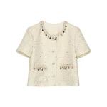 New Product Exquisite Heavy Industry Ribbon Decoration Small Fragrant Style Short Sleeve Jacket Fashion Glitter Top