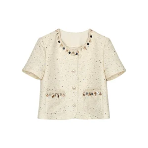 New Product Exquisite Heavy Industry Ribbon Decoration Small Fragrant Style Short Sleeve Jacket Fashion Glitter Top