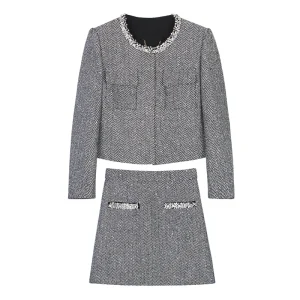 New Zhao Liying same suit with the same style of the bright star herringbone small fragrant style sequin jacket + short skirt