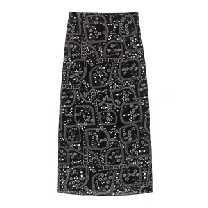 New elegant socialite temperament black floral print split skirt niche chic fashionable A-line straight skirt