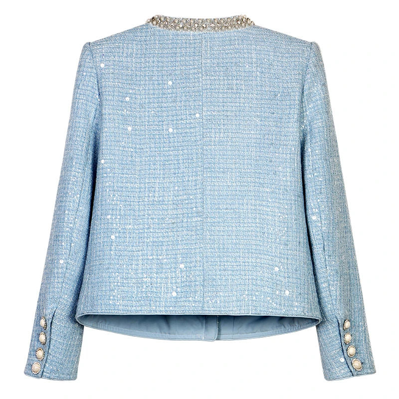 New fashion Glacier Blue woven wool heavy industry nail bead sequins celebrity temperament small fragrance style jacket - Image 2