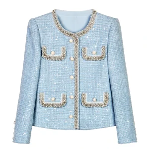 New fashion Glacier Blue woven wool heavy industry nail bead sequins celebrity temperament small fragrance style jacket