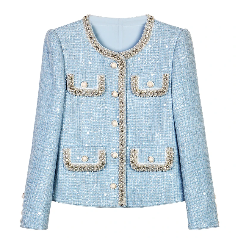 New fashion Glacier Blue woven wool heavy industry nail bead sequins celebrity temperament small fragrance style jacket