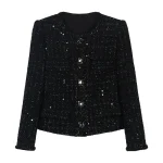 New fashionable and elegant celebrity sequin temperament small fragrance style tweed round neck single-breasted jacket