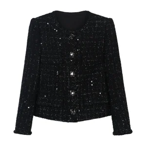 New fashionable and elegant celebrity sequin temperament small fragrance style tweed round neck single-breasted jacket
