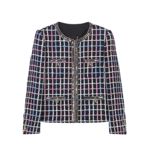 New fashionable and elegant color striped plaid small fragrance jacket celebrity braided tweed jacket top