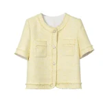 New fashionable elegant temperament ladies round collar fringe embellishment Little Fragrance tweed thin short blouse