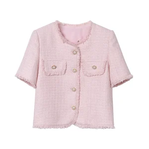 New fashionable romantic pink temperament Korean tweed short-sleeved shirt socialite tassel Little Fragrance short coat