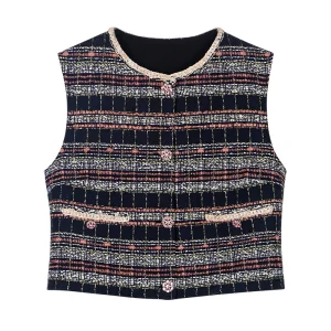 New fashionable temperament socialite high-class feeling Little Fragrance round collar single buckle colorful  minority vest