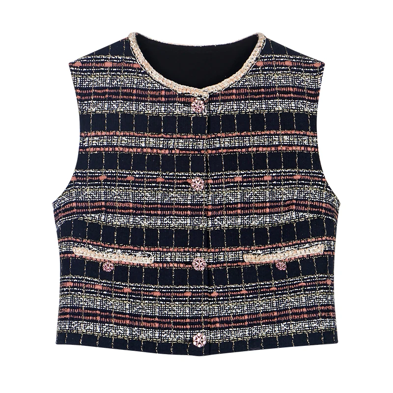 New fashionable temperament socialite high-class feeling Little Fragrance round collar single buckle colorful minority vest