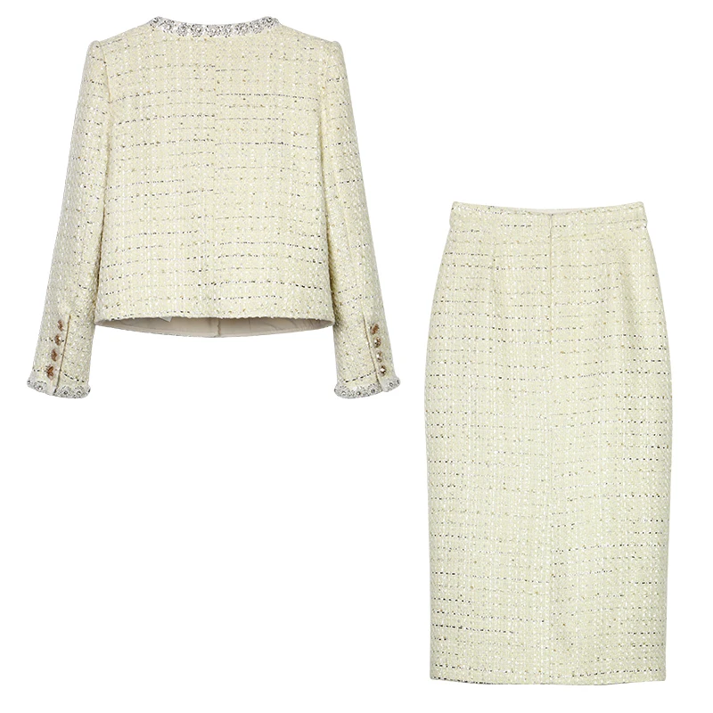 New style, fashionable, light luxury high-end retro heavy industry diamond-inlaid beads small fragrance jacket + slim skirt suit - Image 2