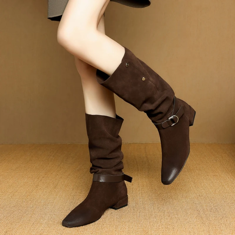 New women's genuine leather cow suede square toe shoes with multi wear and knee high heels, desert western cowboy boots - Image 2