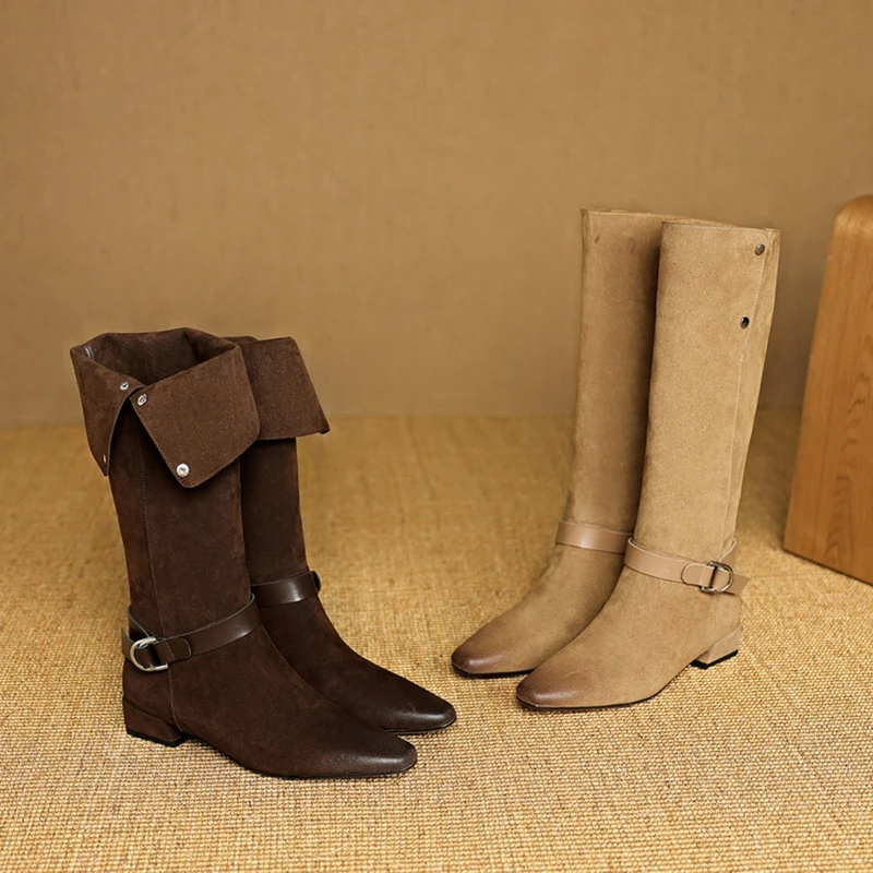 New women's genuine leather cow suede square toe shoes with multi wear and knee high heels, desert western cowboy boots - Image 3