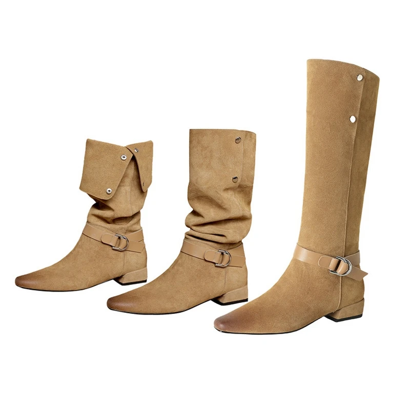 New women's genuine leather cow suede square toe shoes with multi wear and knee high heels, desert western cowboy boots