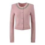 Pink elegant short cardigan girl diamond collar short top