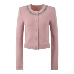 Pink elegant short cardigan girl diamond collar short top
