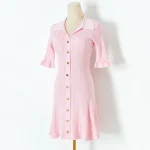 Pink knit dress short sleeve double pocket lapel pit strip summer new women's dress