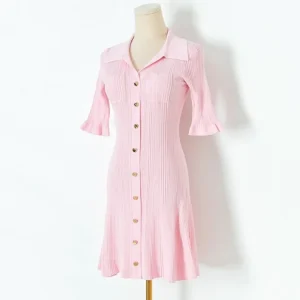 Pink knit dress short sleeve double pocket lapel pit strip summer new women's dress