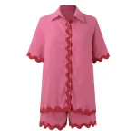 Simple Fashion Wave Splicing Solid Color Short Two Piece Set Women Casual Summer Short Sleeves Shirts Shorts Sets Trendy Female