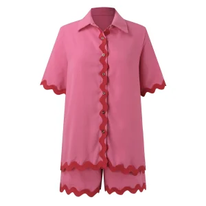 Simple Fashion Wave Splicing Solid Color Short Two Piece Set Women Casual Summer Short Sleeves Shirts Shorts Sets Trendy Female