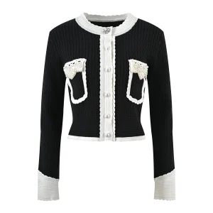 Socialite nail bead color lace blouse 2024 spring new slimming jersey cardigan