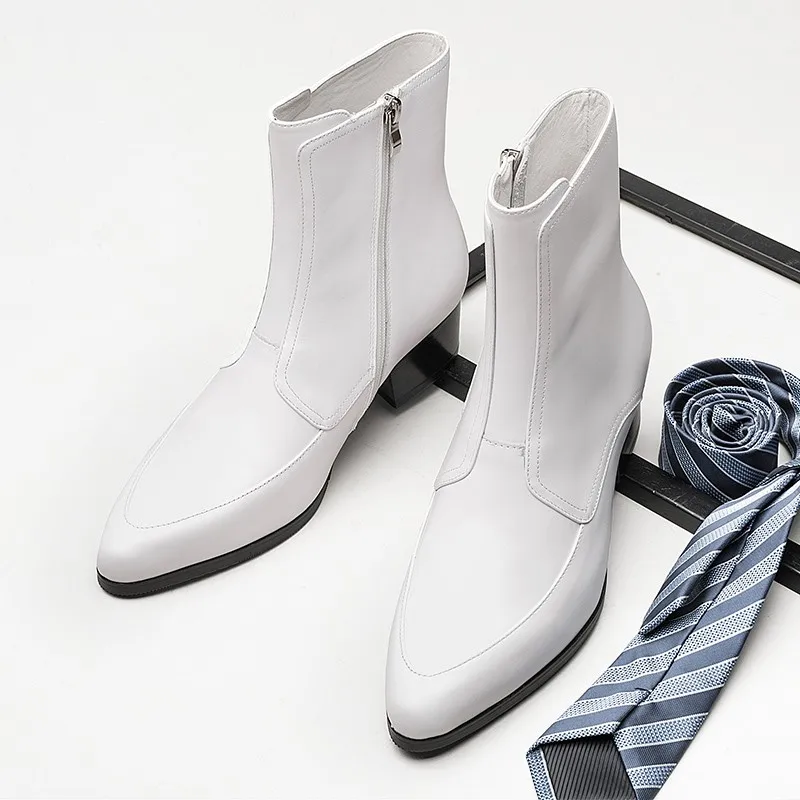 White Boots for Men Genuine Leather Chelsea Ankle Botas 5 Cm High Heels 2025 New Trendy Wedding Drss Suit Increase Men's Shoes - Image 3