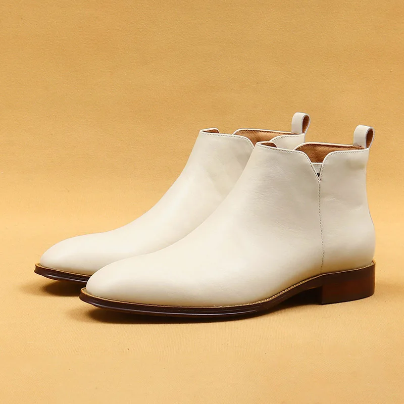 White Genuine Leather Chelsea Boots Pointed Toe Cowhide Side Zipper Ankle Boots Spring Autumn British Male Business Dress Shoes - Image 2