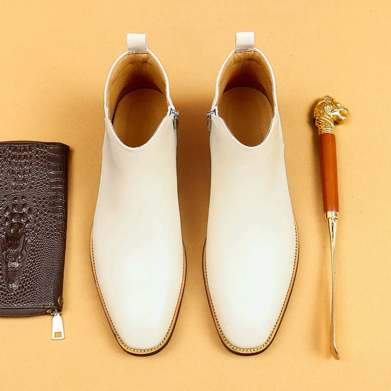 White Genuine Leather Chelsea Boots Pointed Toe Cowhide Side Zipper Ankle Boots Spring Autumn British Male Business Dress Shoes - Image 3
