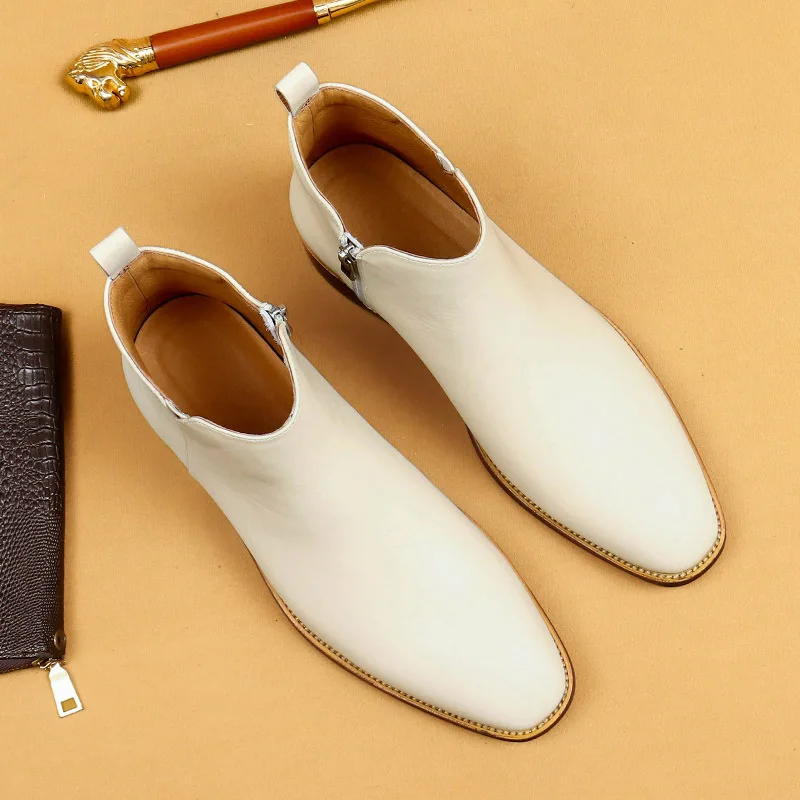 White Genuine Leather Chelsea Boots Pointed Toe Cowhide Side Zipper Ankle Boots Spring Autumn British Male Business Dress Shoes - Image 4
